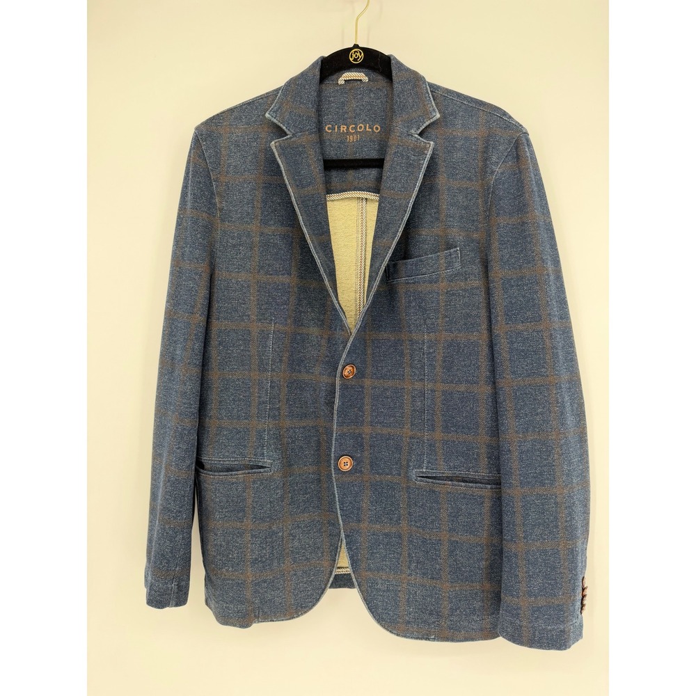 Circolo 1901 Mens Blue Brown Windowpane Plaid Cotton Stretch Jersey Sport Coat